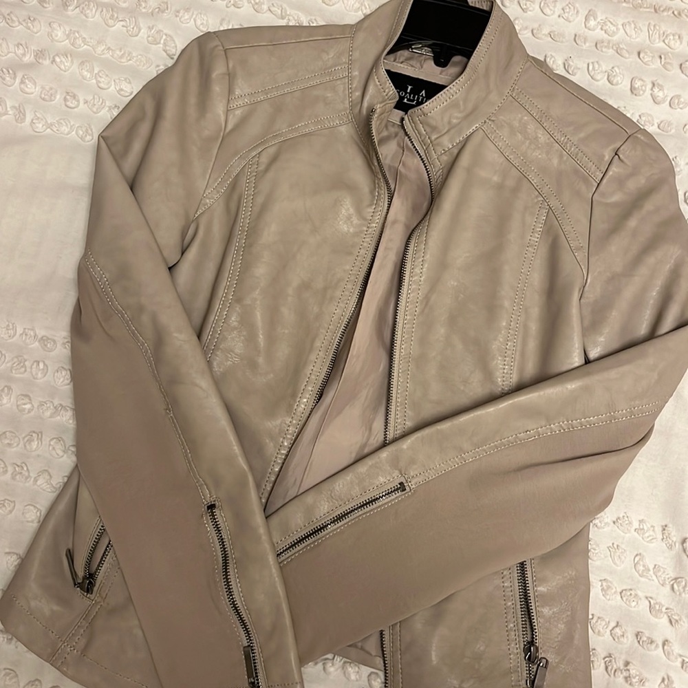 TAN FAUX LEATHER ZIP-UP JACKET